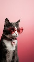 Adorable gray and white tabby cat wearing heart-shaped sunglasses and collar on pink background for Valentine's Day celebration and pet fashion concepts.