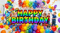 Colorful Happy Birthday banner with excited children celebrating, surrounded by rainbow balloons and confetti, festive party scene.