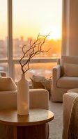 Modern living room interior with decorative branch in white vase on wooden table during golden hour sunset through large windows creating warm ambient lighting.