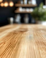 Empty wooden table surface with natural grain pattern and blurred cafe interior background, selective focus on foreground for product display and mockups.