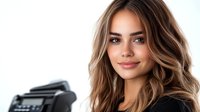 Young Caucasian woman with wavy blonde highlighted hair and natural makeup smiling at camera while holding professional camera against white background.