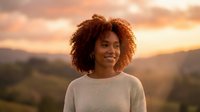 Young African American woman with curly hair smiling outdoors during golden hour sunset with warm lighting and blurred landscape background for lifestyle content.