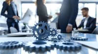 Metallic gears on office desk with blurred business professionals meeting in background, symbolizing corporate teamwork and business operations management.