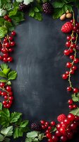 Fresh red currants, raspberries and blackberries frame dark slate background with green leaves and hazelnuts, creating natural border for menu or recipe design.