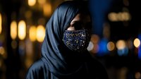 Young Middle Eastern woman wearing hijab and decorative face mask walking through illuminated city street at night with bokeh lights in background.