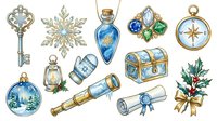 Vintage ornament collection featuring decorative key, snowflake, gemstone pendants, compass, baubles, lantern, telescope, treasure chest, and holly sprig isolated on white background for holiday design projects.