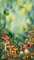 Watercolor forest floor with red and orange mushrooms, ferns, and foliage arranged at bottom border against soft blurred green and yellow background. Suitable for children's book illustrations, nature-themed designs, and woodland artwork projects.