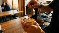 Barista pouring steamed milk creating latte art in coffee cup at modern cafe counter. Professional coffee making process in warm cozy atmosphere.
