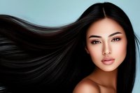 Young Asian woman with flowing black hair against blue background, natural makeup, bare shoulders, professional beauty portrait highlighting healthy glossy hair.