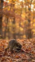 Raccoon foraging among fallen autumn leaves in forest with warm golden bokeh background creating seasonal wildlife scene for nature photography projects.