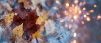 Autumn leaves with warm bokeh lights creating magical seasonal atmosphere for holiday decorations and cozy fall celebrations.