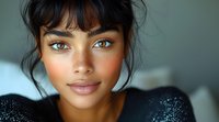 Close up portrait of young mixed race woman with bright blue eyes, dark bangs, and natural makeup wearing black sequin top, looking directly at camera with gentle smile.