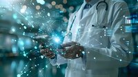 Healthcare professional using digital tablet with network connections and data visualization in modern medical technology environment.