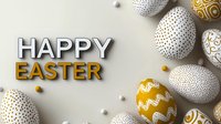 Festive Easter composition with decorated white and gold eggs, modern minimal holiday design with stylized text on light neutral background.