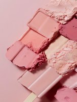 Pink blush palette with crushed powder makeup samples on rose background for beauty and cosmetics branding applications.