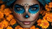 Woman with creative sugar skull makeup in turquoise and gold tones surrounded by vibrant orange marigold flowers, celebrating Day of the Dead traditional Mexican holiday.