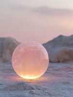 Glowing translucent sphere on rocky terrain against mountain silhouettes at dusk, emitting soft pink and golden light in mystical atmospheric scene.