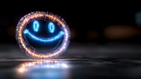 Glowing neon blue smiley face with orange light trails against dark background, creating magical light painting effect with long exposure photography.