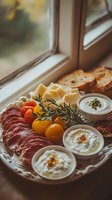 Appetizer platter with cured meats, cheese, cherry tomatoes, rosemary sprigs and assorted dips on ceramic plate by window. Moody natural lighting creates cozy atmosphere.
