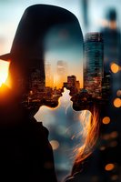 Silhouette of woman with city skyline double exposure at sunset, creating dreamlike urban portrait with glowing skyscrapers and warm light.