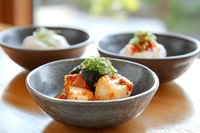 Fresh kimchi in traditional Korean ceramic bowls garnished with green onions and chili sauce, served on wooden table with natural lighting.