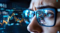 Close up of glasses reflecting financial market data and trading charts, with blue digital technology overlay showing stock analysis and market trends.