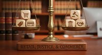 Wooden blocks with retail and commerce icons balanced on golden scales of justice in law library representing business legal concepts and commercial law.