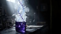 Purple liquid in laboratory beaker with DNA double helix structure emerging from solution in dramatic lighting for scientific research and biotechnology concepts.