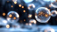 Magical soap bubbles floating in dark blue atmosphere with golden bokeh lights creating dreamy ethereal mood. Macro photography captures transparent spheres in motion.