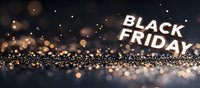 Glowing Black Friday text floating above sparkling golden bokeh lights against dark background creates festive shopping atmosphere for seasonal promotions.