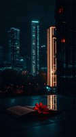 Modern cityscape at night with illuminated skyscrapers reflected on dark surface, open book and red flower creating atmospheric urban still life composition.
