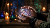Hands holding glowing crystal ball with swirling galaxy inside, mystical fortune telling scene with candles and magical atmosphere for spiritual concepts.