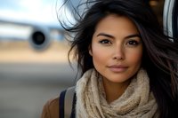 Young Asian woman with flowing dark hair wearing beige scarf at airport, wind-swept portrait with blurred airplane in background, natural makeup and confident smile.