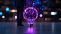 Glowing light bulb with purple and blue neon network connections floating in dark space, creative innovation concept with bokeh background and reflection.
