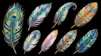 Colorful decorative feathers set isolated on transparent background, ready for stickers, t-shirt design, sublimation, print on demand, and clipart projects.