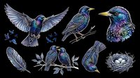 Hummingbird and songbird collection with iridescent plumage, feathers, and nest isolated on transparent background. Ready for t-shirt designs, clipart, stickers, sublimation, and print-on-demand projects.
