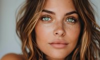 Close-up portrait of young woman with freckles, green eyes, and highlighted hair against neutral background. Natural beauty concept for skincare advertising.