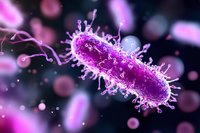 Purple bacteria cell with protein spikes on dark background with bokeh effect and floating particles. Scientific microscopic visualization for medical and educational use.