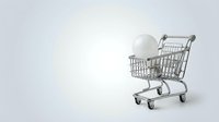 Shopping cart with white sphere inside on neutral background, representing e-commerce, online retail, and consumer purchasing concepts.