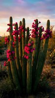 Blooming organ pipe cactus with vibrant pink flowers against colorful sunset sky in desert landscape for nature and botanical photography.