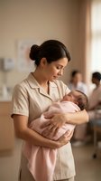 Caring nurse holding newborn baby in hospital maternity ward. Healthcare professional providing tender infant care in medical facility.