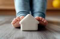 Bare feet next to small white house model on wooden floor, symbolizing home comfort, real estate investment and property ownership concept. Cozy lifestyle scene.