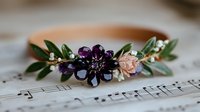 Floral crown with purple and blush flowers, green foliage, and delicate details arranged on musical sheet notes background for wedding, event styling, and creative design projects.