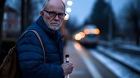 Senior Caucasian man with glasses and beard waiting at train station platform during evening commute with backpack and smartphone for urban transportation.