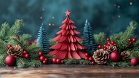 Festive Christmas decoration with red paper tree, pine cones, berries and evergreen branches on wooden surface for holiday crafting and seasonal design projects.