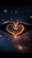 Glowing heart shape formed by hands against dark background with magical sparkles and bokeh lights, creating romantic atmosphere for Valentine's Day designs.