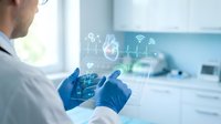 Healthcare professional using augmented reality technology with holographic medical data display in modern laboratory environment for digital health innovation.