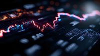 Glowing red and blue stock market chart showing price movement on dark background with selective focus and bokeh effect for financial analysis.