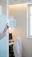 Hand holding glowing neon shield with heart symbol in modern office space, representing digital security, healthcare protection, and trust in technology for business and medical applications.