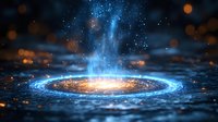Glowing magical portal with blue light and orange particles emerging from dark water surface creates mystical atmosphere with sparkles and reflections.
